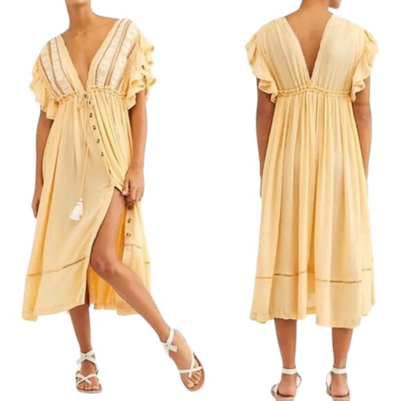 Free People Bali Will Wait For You Midi Dress Medium Cream Boho Embroidered